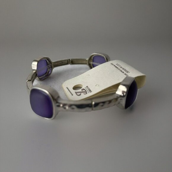 JL Designs Purple Silvertone Stretch Bracelet Rectangle Bangle Costume Jewelry - Picture 2 of 12